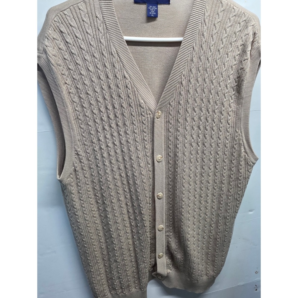 Alan Flusser Mens XL Beige Silk Cotton Cable Knit Button Front Cardigan Vest